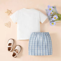 Girls Blue Teddy Bear Applique Short Sleeve T-Shirt With Skirt Sets 2 pc. Sets