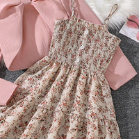 Girls Beige Floral Print Sleeveless Tiered Dress With Shrug Casual Dresses
