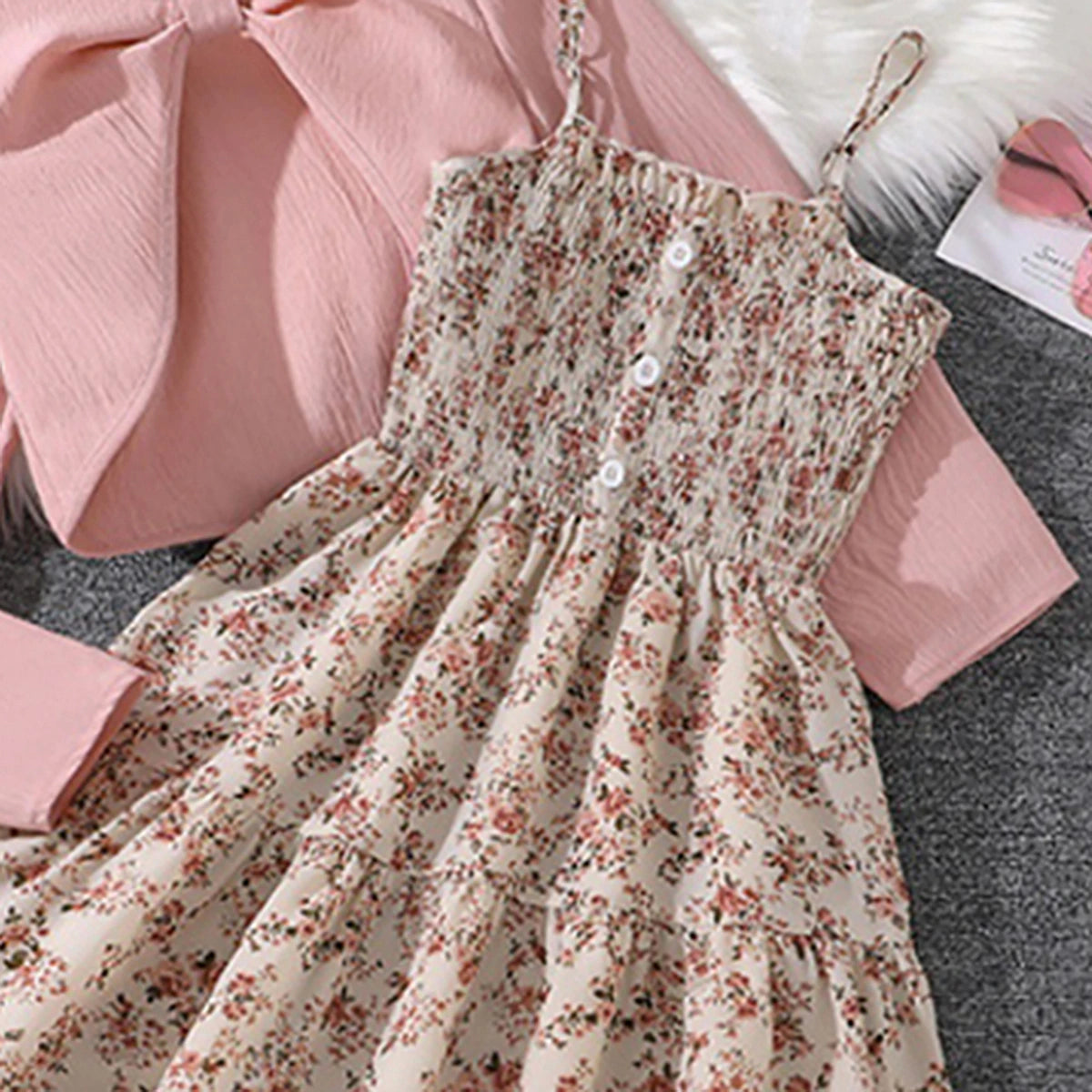 Girls Beige Floral Print Sleeveless Tiered Dress With Shrug Casual Dresses