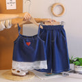 Girls Dark Blue Denim Heart Embroidered Top With Capri Sets Sets Dark Blue 1-2 Y