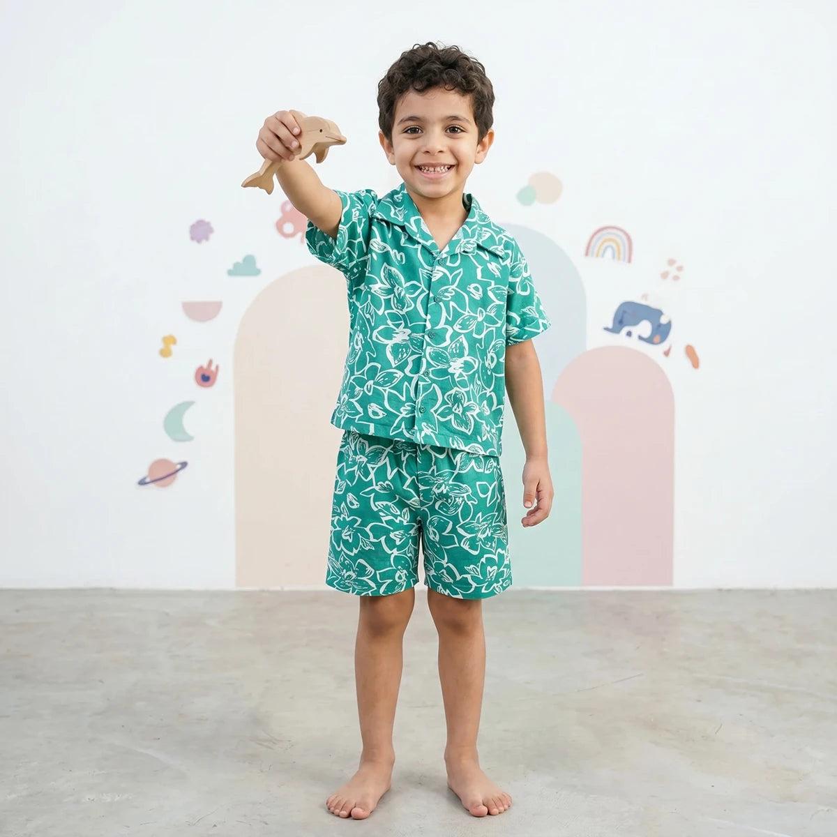 Boys Green Floral Printed Short Sleeve Shirt With Elasticated Shorts Sets Sets Green 6-9 M