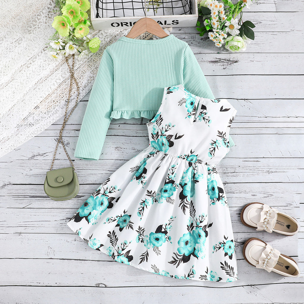 Girls Light Green Floral Printed Fit And Flared Dress With Shrug Casual Dresses