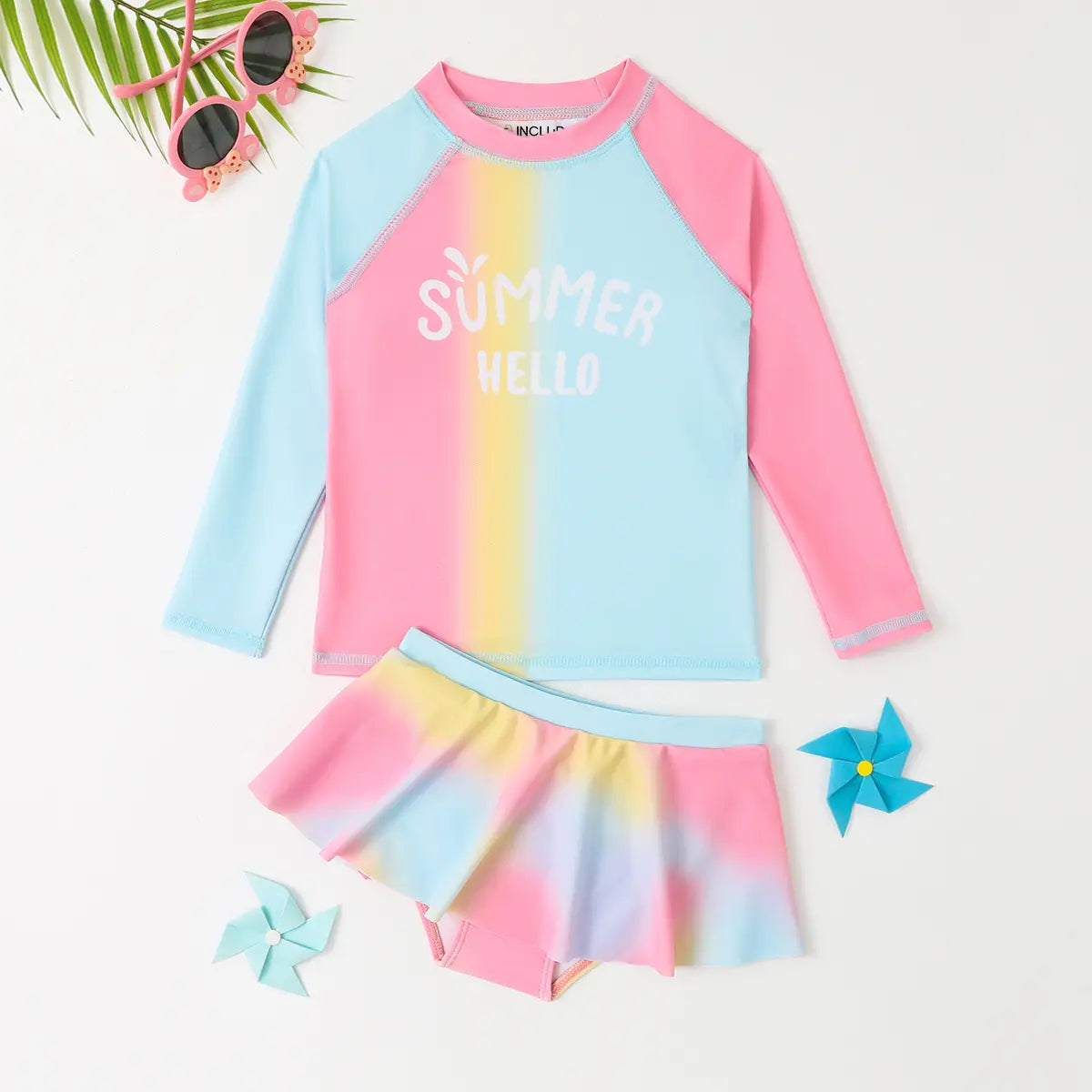 Girls Multicolor Typographic Print T-Shirt With Skorts Swimwear Sets Beachwear Multicolor 3-4 Y