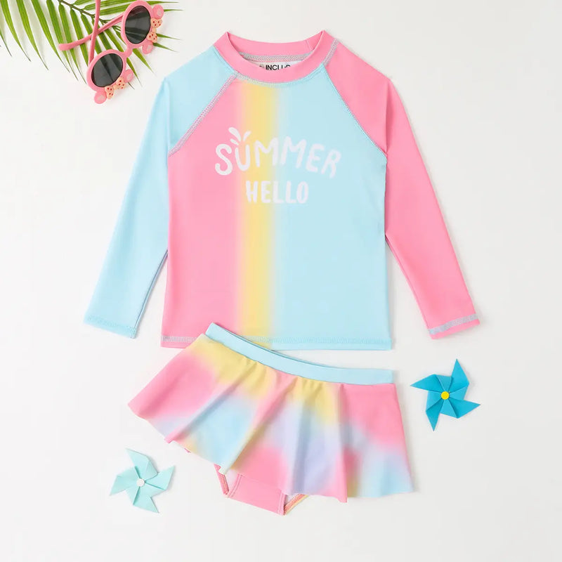 Girls Multicolor Typographic Print T-Shirt With Skorts Swimwear Sets Beachwear Multicolor 3-4 Y