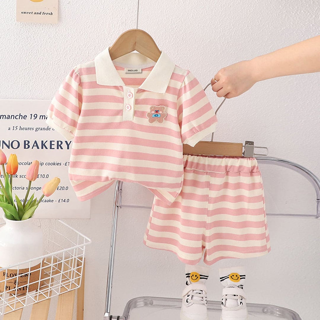 Girls Striped Polo T-shirt with Shorts Set