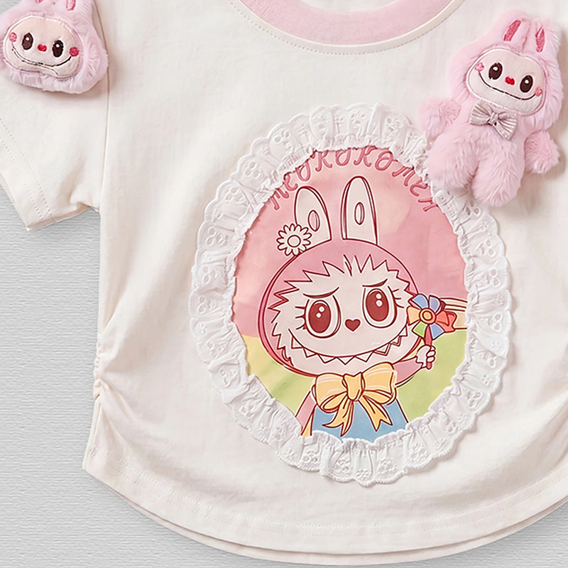 Girls Off White Short Sleeve Bunny Applique T-Shirt Tshirts