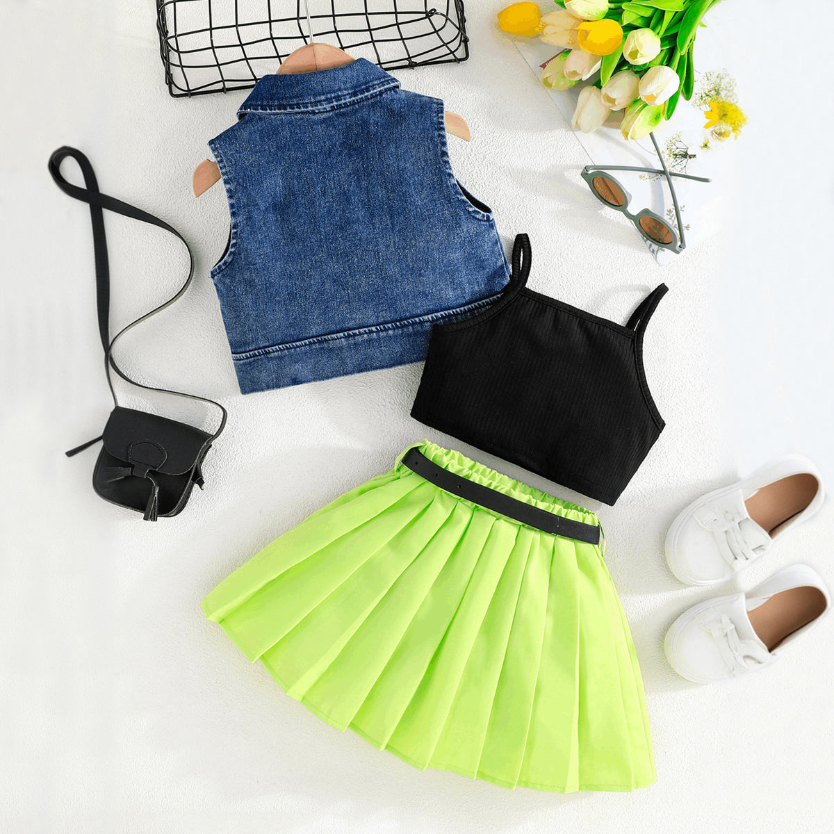 Girls Sleeveless Denim Jacket With Camisole Top And Green Pleated Skirt Set 3 pc. Sets