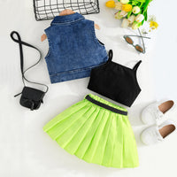 Girls Sleeveless Denim Jacket With Camisole Top And Green Pleated Skirt Set 3 pc. Sets