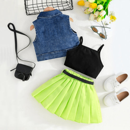 Girls Sleeveless Denim Jacket With Camisole Top And Green Pleated Skirt Set 3 pc. Sets