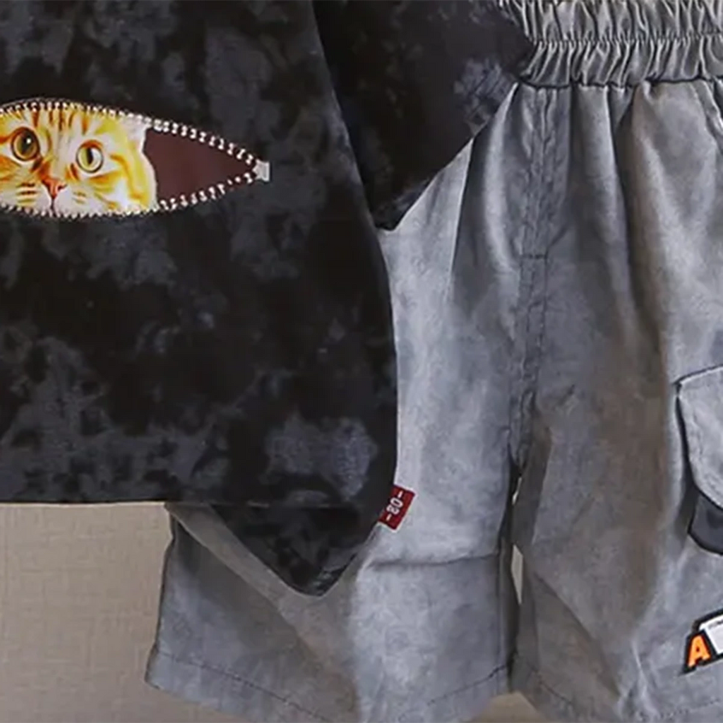 Boys Black Graphics & Tie-dye Printed T-Shirt With Cargo Shorts Sets Sets
