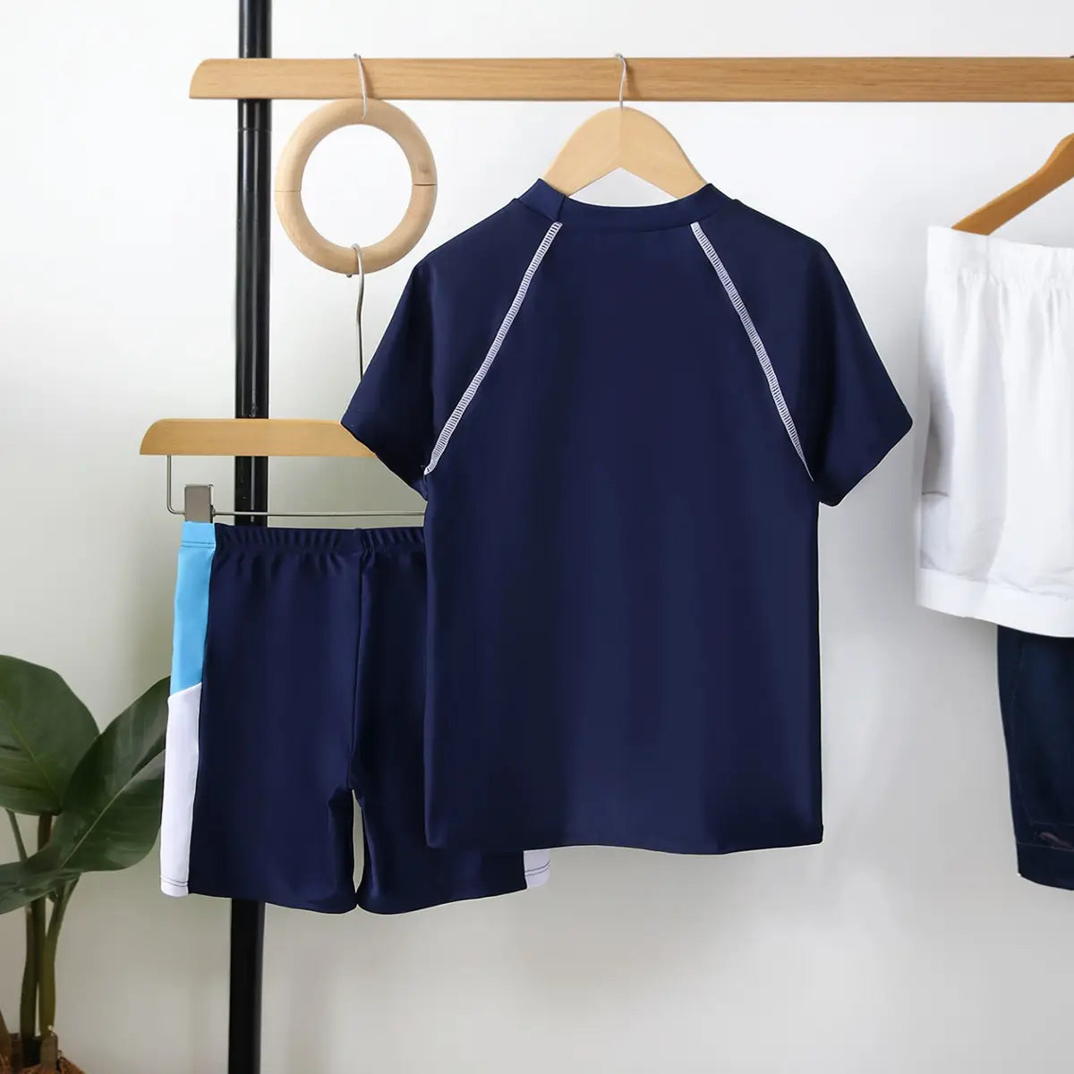 Boys Navy Blue Typographic Printed Short Sleeves T-Shirt & Shorts Swimsuit Sets Sets