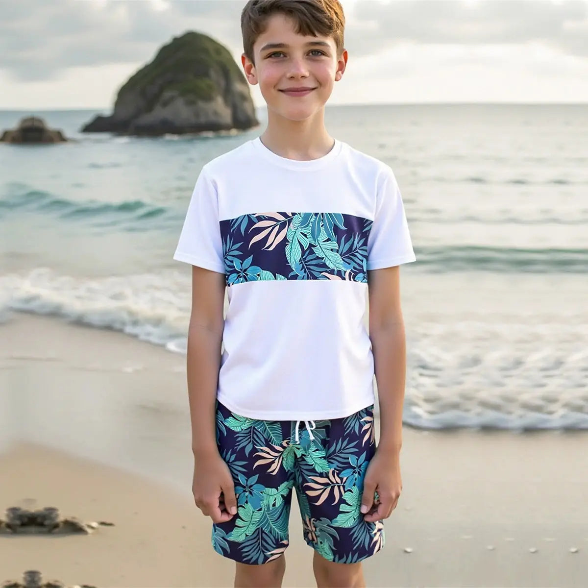 Boys White Tropical Printed Short Sleeves T-Shirt & Shorts Swimsuit Sets Sets