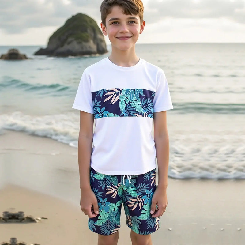 Boys White Tropical Printed Short Sleeves T-Shirt & Shorts Swimsuit Sets Sets