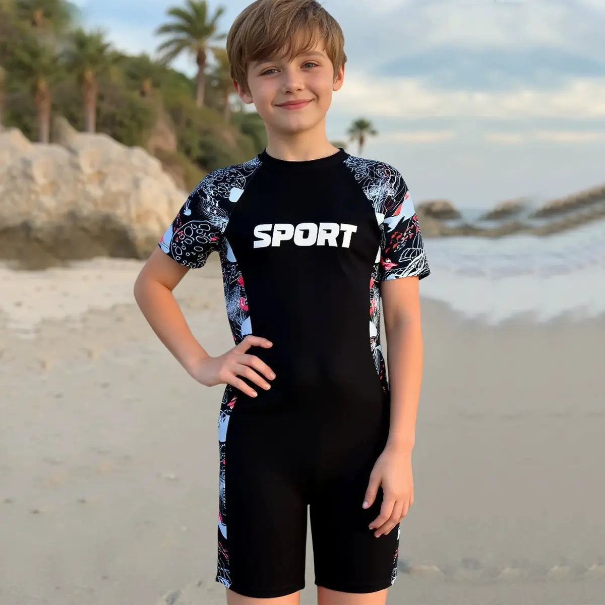 Boys Black Typographic Short Sleeves Swimwear Bodysuit Beachwear