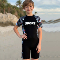 Boys Black Typographic Short Sleeves Swimwear Bodysuit Beachwear
