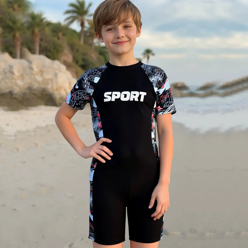 Boys Black Typographic Short Sleeves Swimwear Bodysuit Beachwear