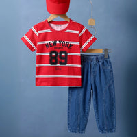 Boys Red Striped Alphanumeric Print T-Shirt With Denim Jeans 2 pc. Sets Red 2-3 Y