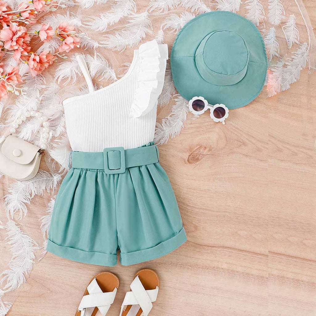 Girls One-Shoulder Ruffle Top with Shorts Set