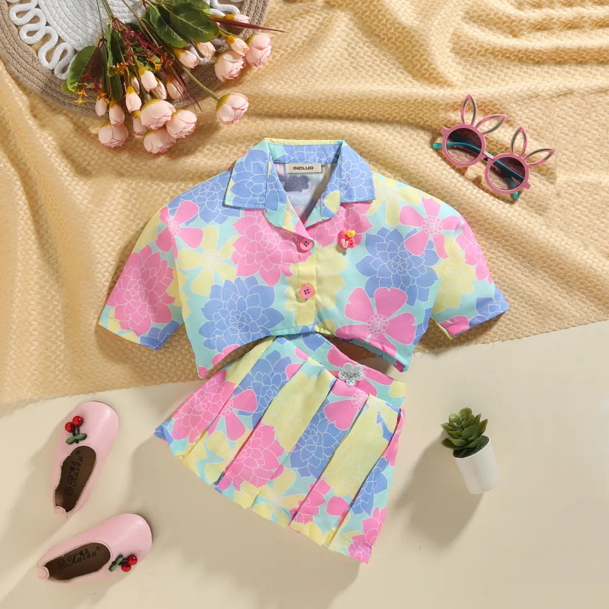 Girls Pink Floral Short Sleeve Top With Pleated Skirts Sets 2 pc. Sets Pink 0-1 Y