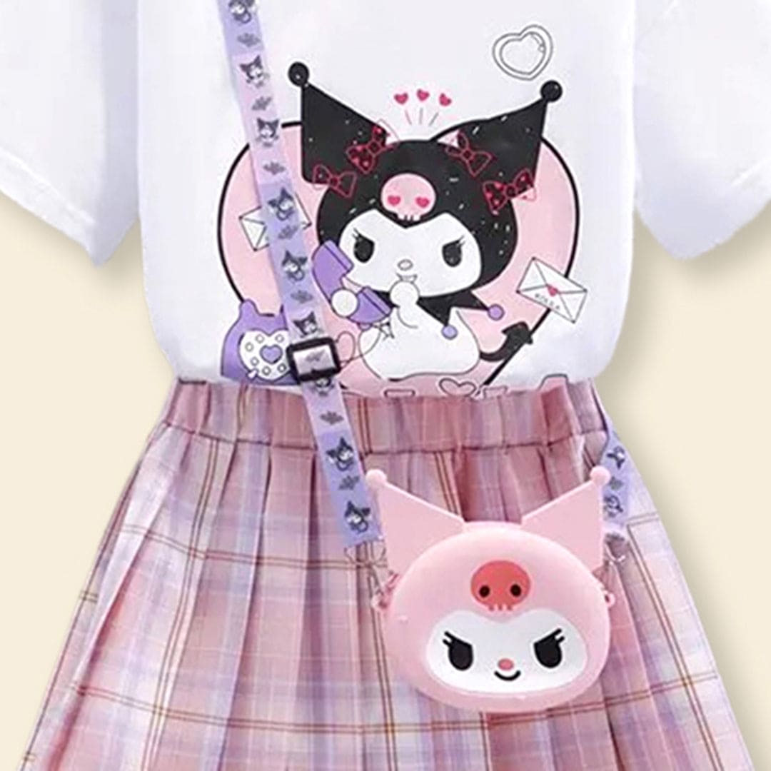 Girls Printed T-Shirt With Checkered Print Skirt Sets   