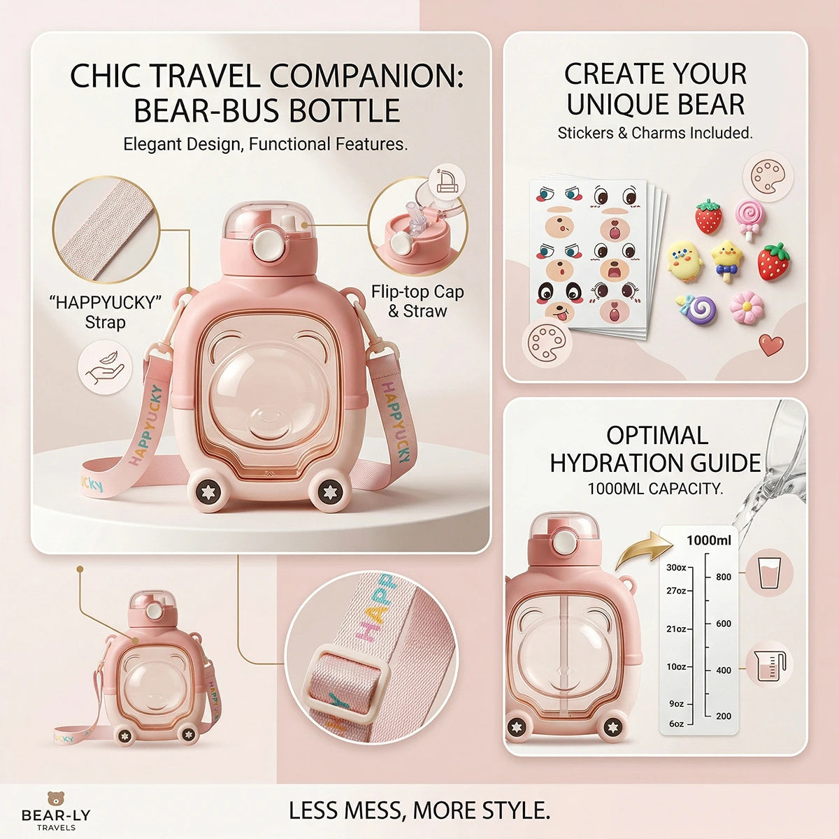 Kids Blush Pink Bear Cartoon Straw Water Bottle Trending Accessories