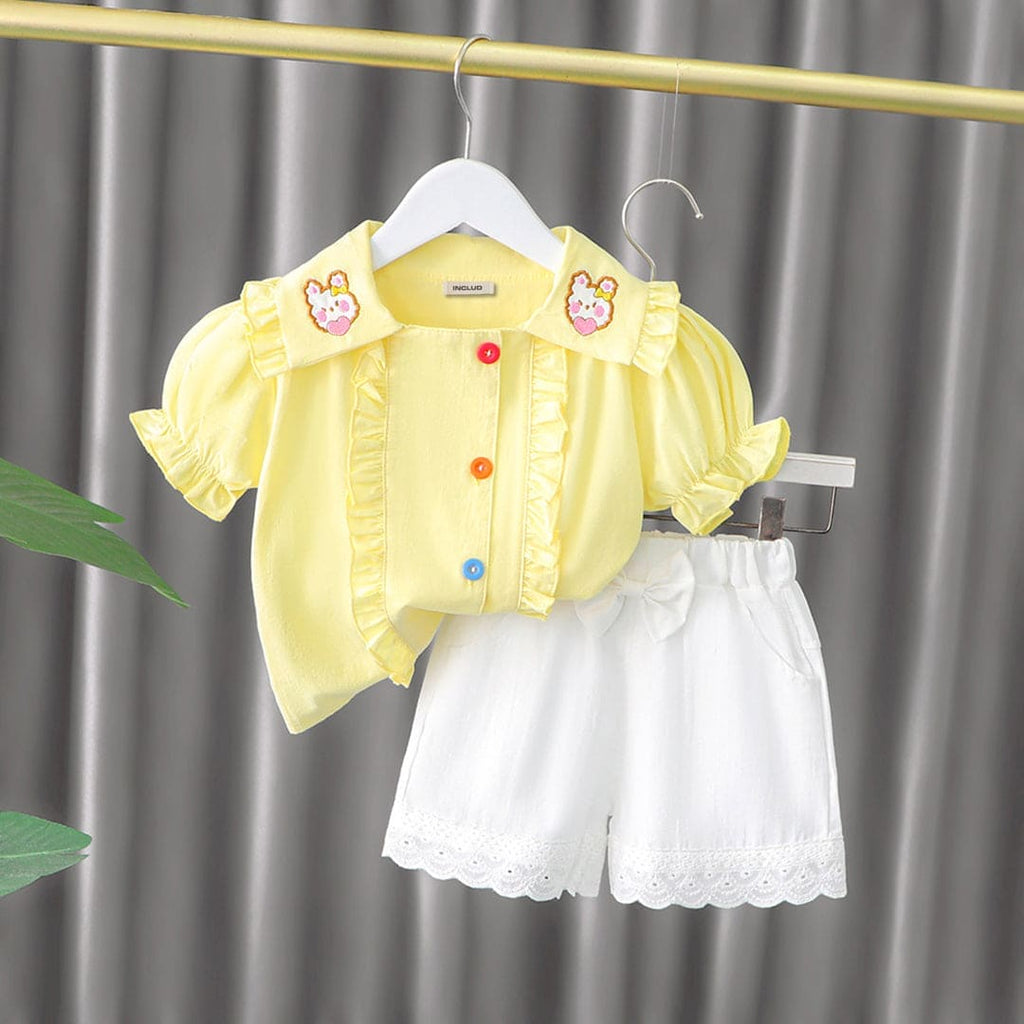 Girls Yellow Collar Embroidery Top With Lace Bottom Shorts Sets Yellow 1-2 Y 