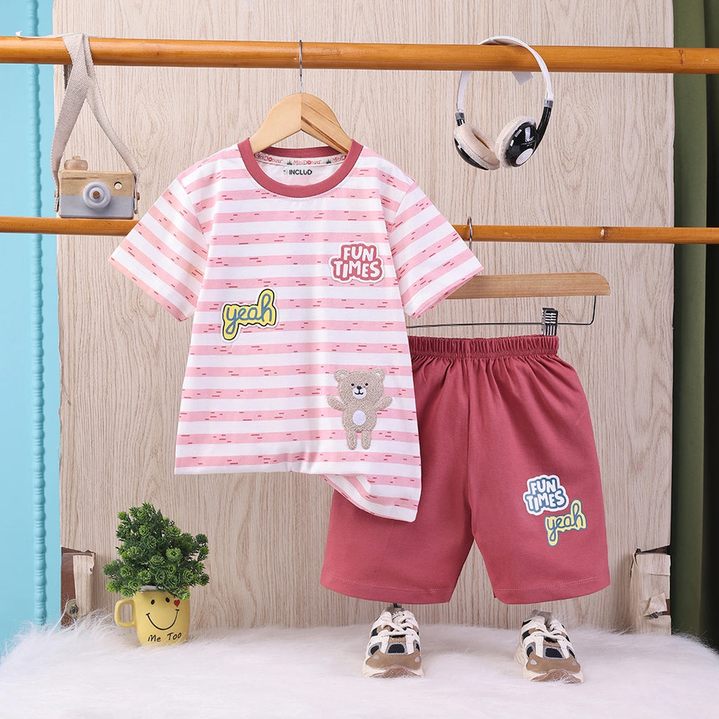 Boys Red Cartoon Applique Stripes T-Shirt With Elasticated Shorts Sets 2 pc. Sets Red 2-3 Y