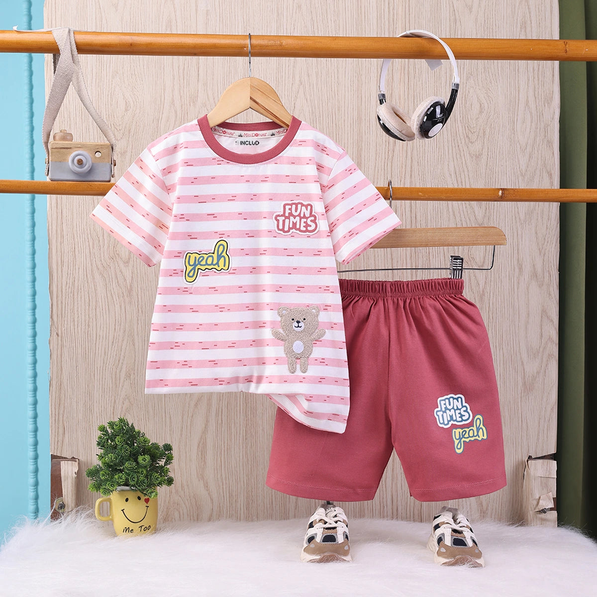 Boys Red Cartoon Applique Stripes T-Shirt With Elasticated Shorts Sets 2 pc. Sets Red 2-3 Y