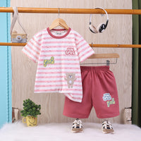 Boys Red Cartoon Applique Stripes T-Shirt With Elasticated Shorts Sets 2 pc. Sets Red 2-3 Y