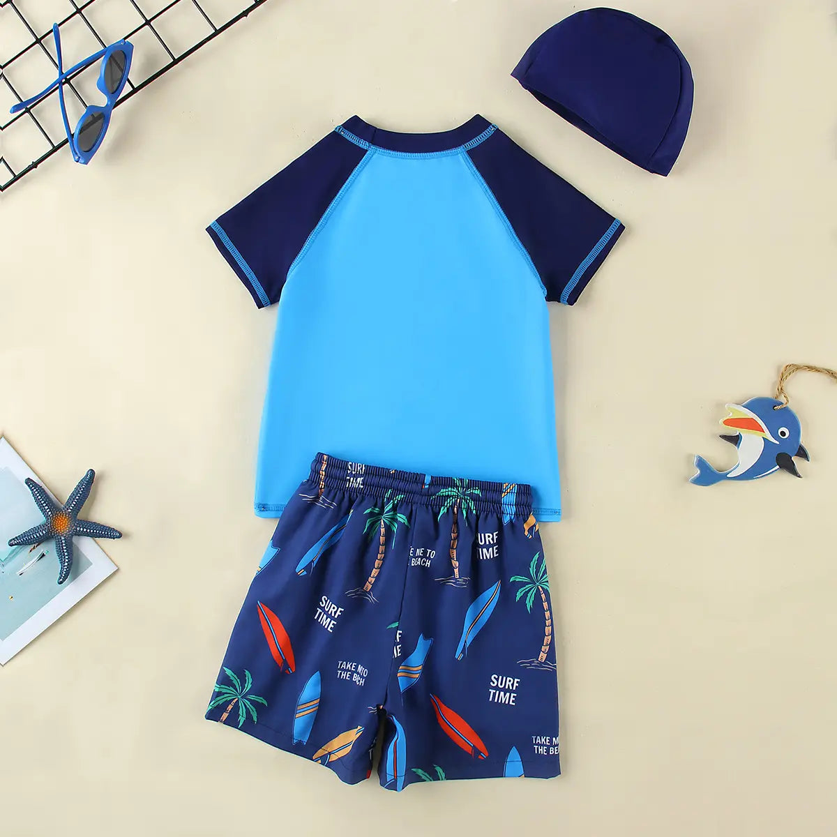 Boys Blue Graphics T-Shirt With Shorts & Swim Cap Swimwear Sets Beachwear
