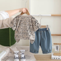Boys Khaki Cap Graphic Short Sleeves T-Shirt With Denim Shorts Set 2 pc. Sets