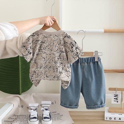 Boys Khaki Cap Graphic Short Sleeves T-Shirt With Denim Shorts Set 2 pc. Sets