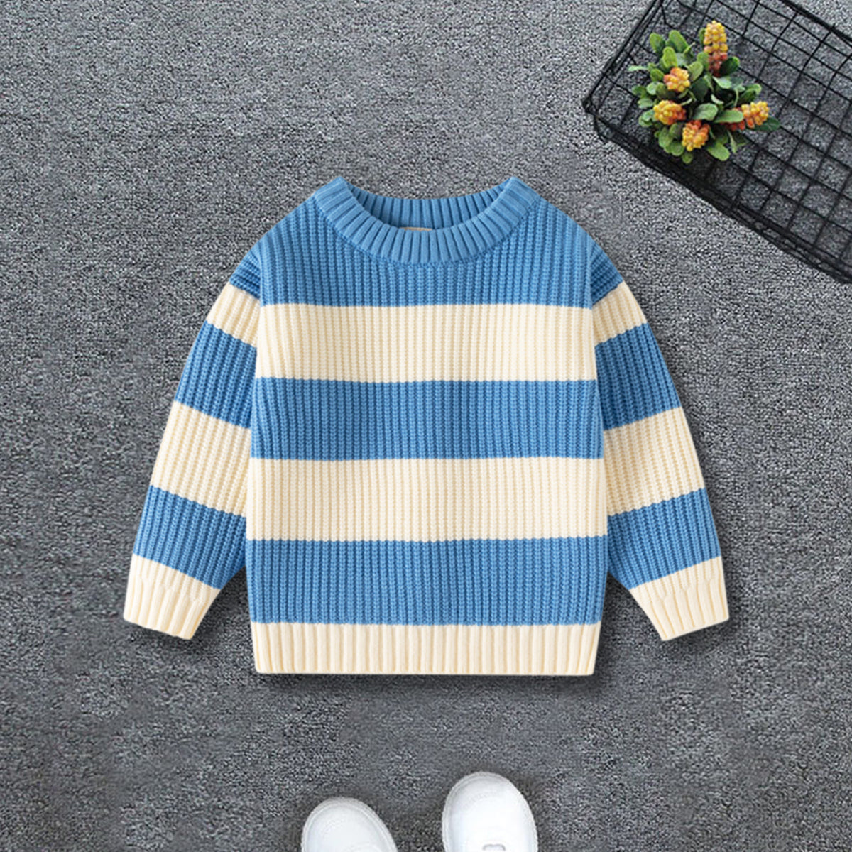 Boys Blue Regular Sweater With Self-Design Stripe Patterns Sweaters & Cardigans Blue 2-3 Y