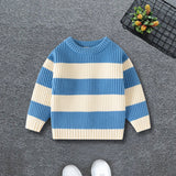 Boys Blue Regular Sweater With Self-Design Stripe Patterns