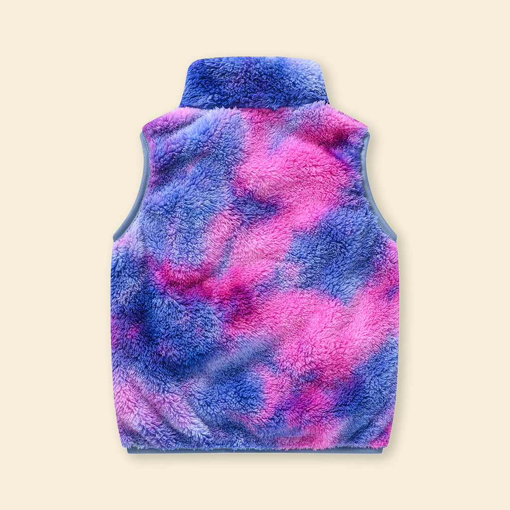 Girls Blue Tie-Dye Printed Fleece Front Zipper Sleeveless Winter Jacket Coats & Jackets
