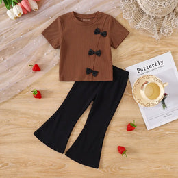 Girls Brown Bow Detail Short Sleeve T-Shirt With Flared Pants Sets Sets Brown 3-4 Y