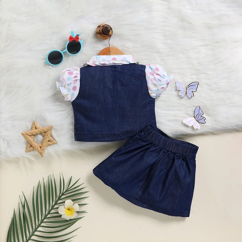 Girls Dark Blue Polka Dot Print Denim Shirt With Skirts Sets 2 pc. Sets