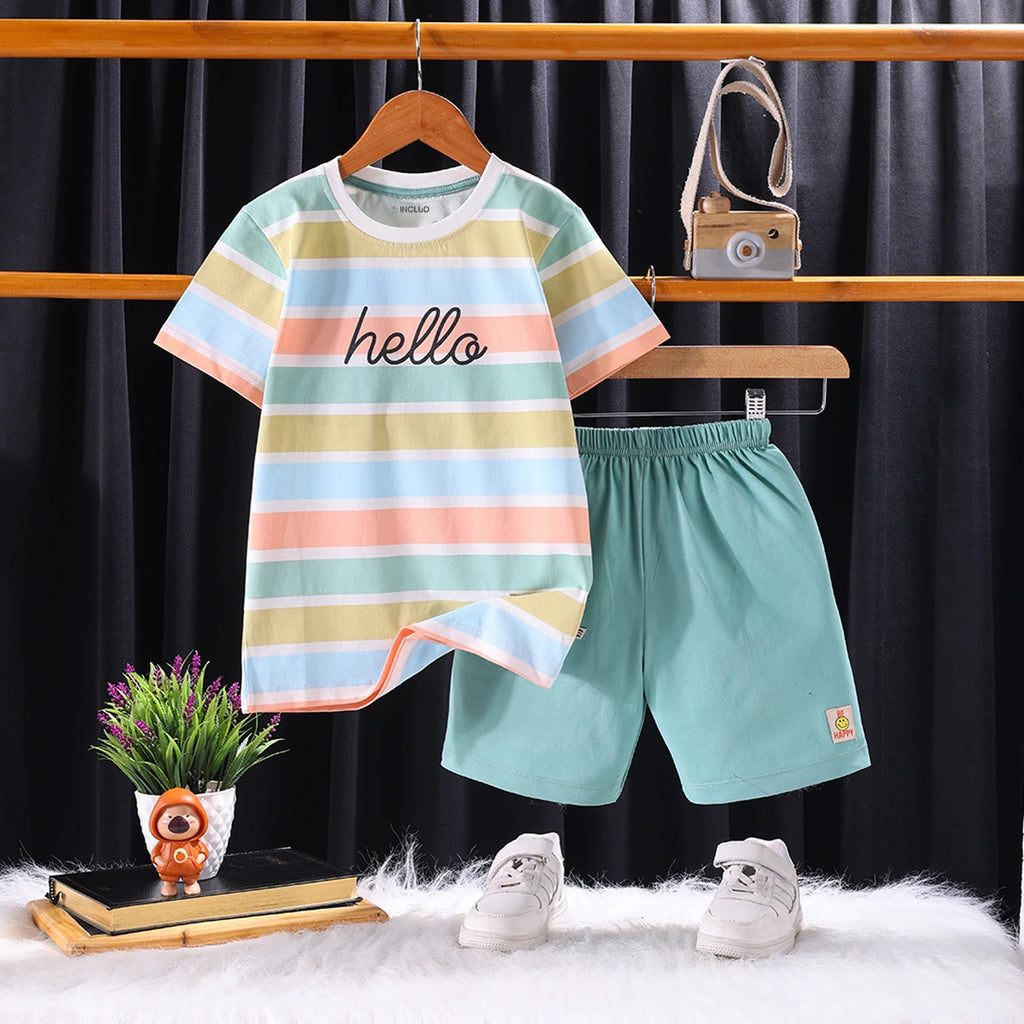 Boys Green Striped Hello Printed T-Shirt With Shorts Sets Sets Green 1-2 Y