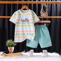 Boys Green Striped Hello Printed T-Shirt With Shorts Sets Sets Green 1-2 Y