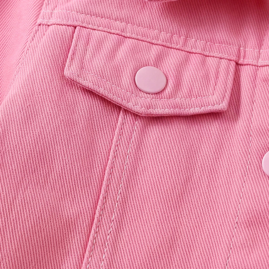 Girls Pink Long Sleeve Typography Denim Jacket Coats & Jackets