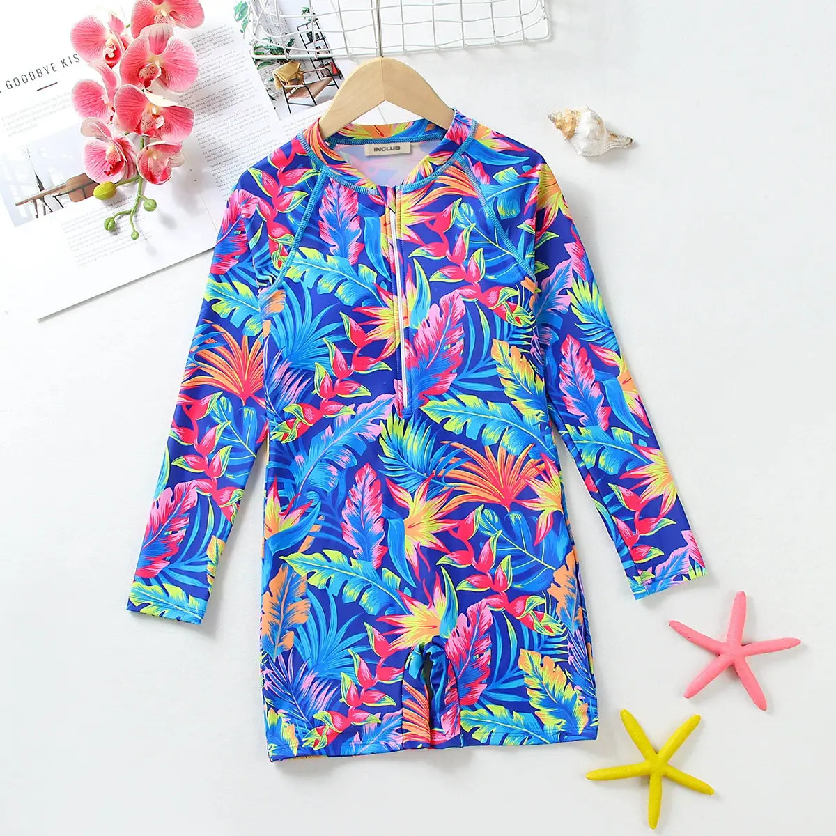 Girls Blue Tropical Printed Swimwear Bodysuit Beachwear Blue 7-8 Y