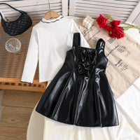Girls Black Faux Leather Pinafore Dress With Long Sleeves Top Casual Dresses Black 2-3 Y