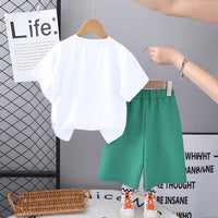 Boys White Typographic Printed Short Sleeves T-Shirt With Bottle Green Shorts Set 2 pc. Sets