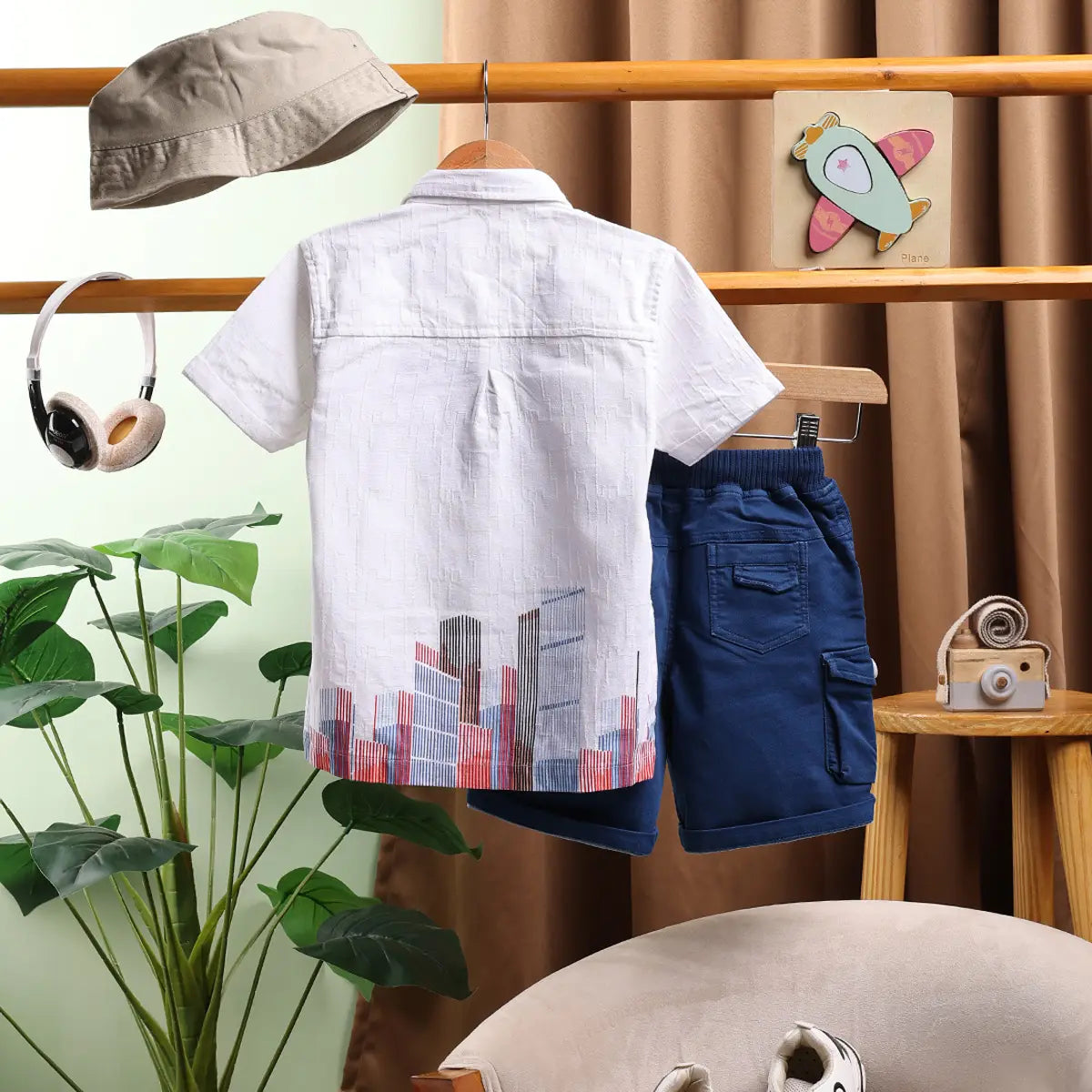 Boys White Abstract Printed Shirt With Elasticated Shorts Sets 2 pc. Sets