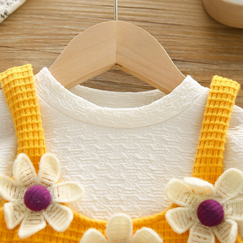 Girls Puffed Sleeves Top with Yellow Floral Textured Crop Top & Jeans Sets Sets