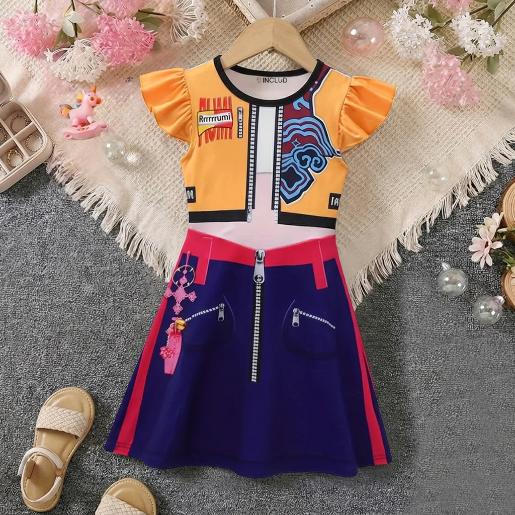 Girls Multicolor Graphic Flutter Sleeve A-Line Dress Casual Dresses Multicolor 2-3 Y