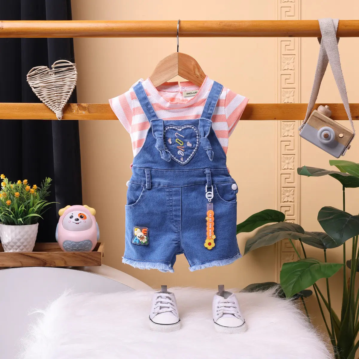 Girls Orange Stripe T-Shirt With Heart Embroidered Dungaree Sets 2 pc. Sets Orange 9-12 M