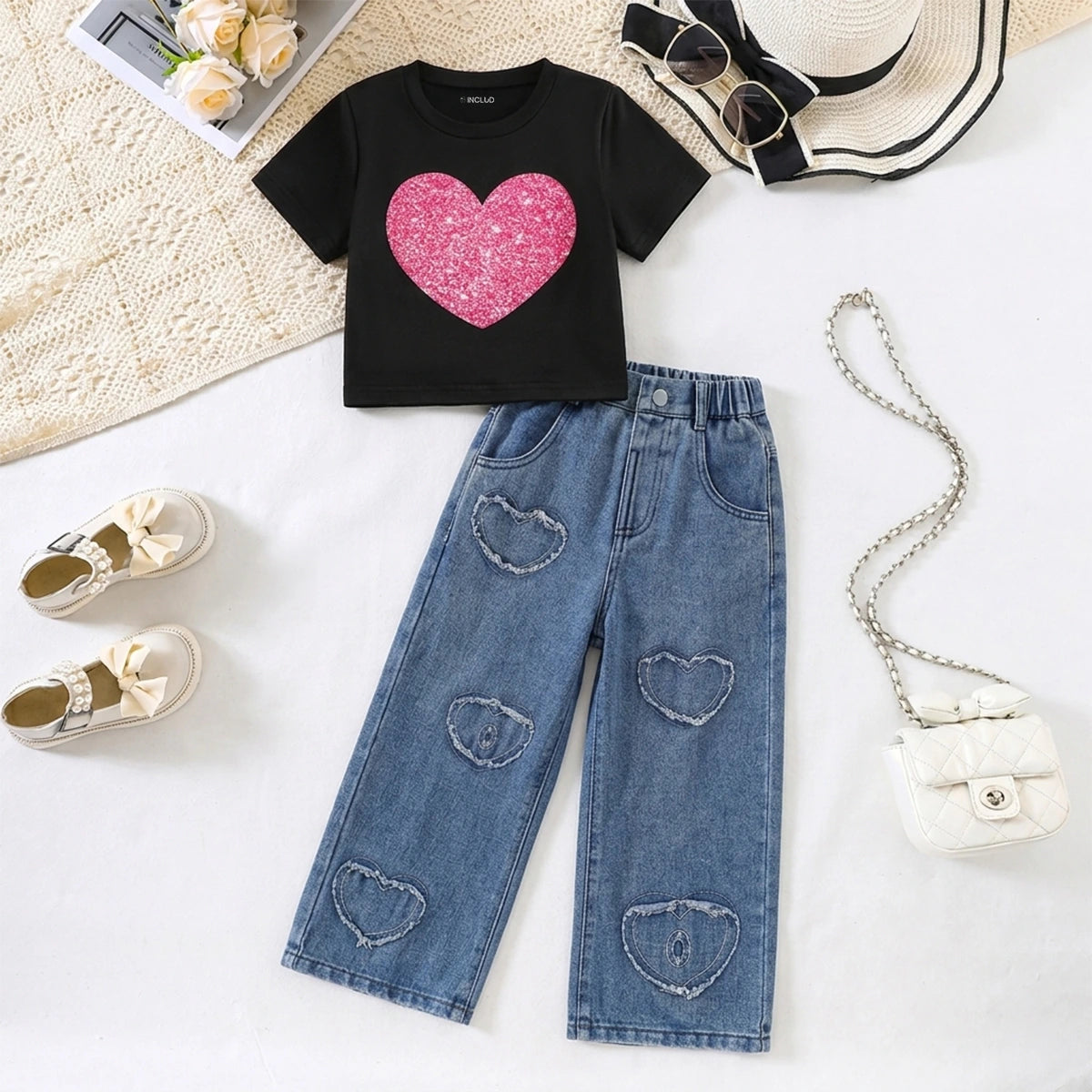 Girls Black Heart Print Short Sleeves T-Shirt With Denim Wide-Leg Pants Set Sets Black 3-4 Y