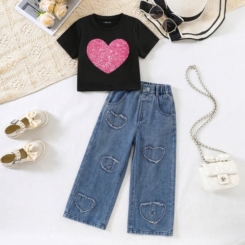 Girls Black Heart Print Short Sleeves T-Shirt With Denim Wide-Leg Pants Set Sets Black 3-4 Y