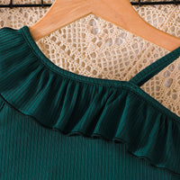 Girls Green One Shoulder Crop Top With Striped Pants Set 2 pc. Sets